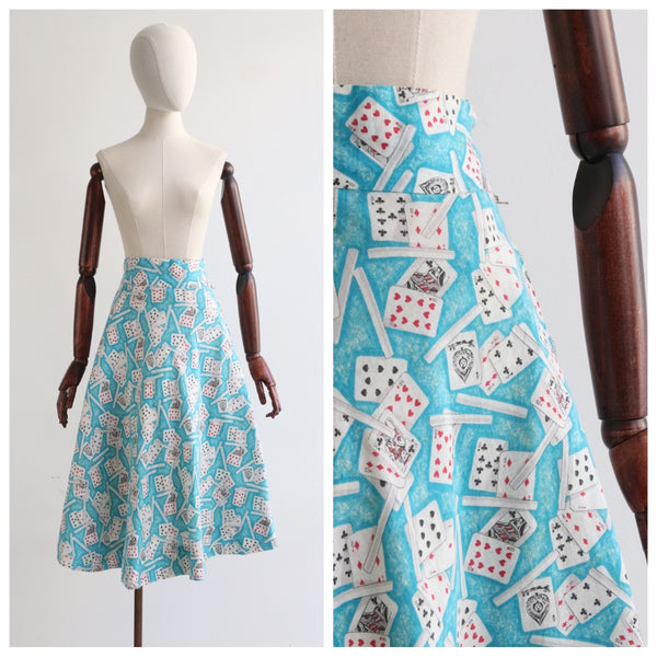 "Game Night" Vintage 1950's Cotton Novelty Print Game Night Skirt UK 10 US 6
