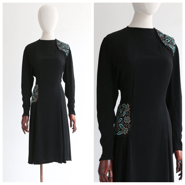 "Turquoise Flowers" Vintage Early 1940's Black Crepe Silk & Turquoise Beaded Dress UK 14 US 10