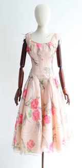 "Pointed Seams & Roses" Vintage 1950's Pointed Seam & Rose Print Dress UK 12 US 8