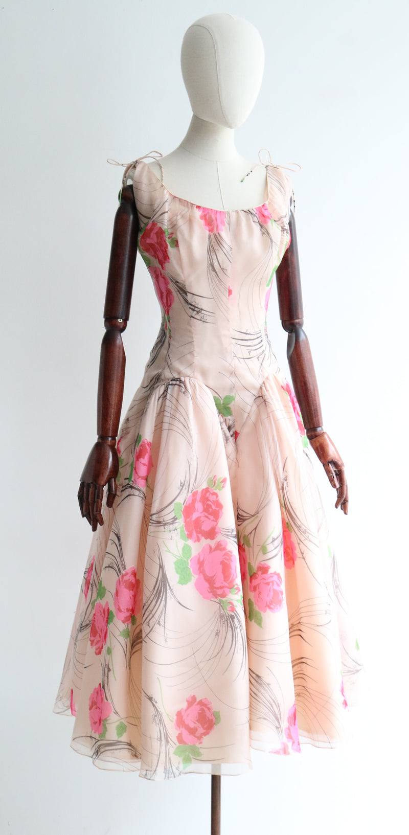 "Pointed Seams & Roses" Vintage 1950's Pointed Seam & Rose Print Dress UK 12 US 8