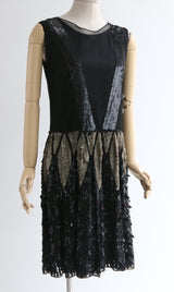 "Teardrop Sequins" Vintage 1920's Gold & Black Tulle & Sequin Dress UK 8-10 US 4-6