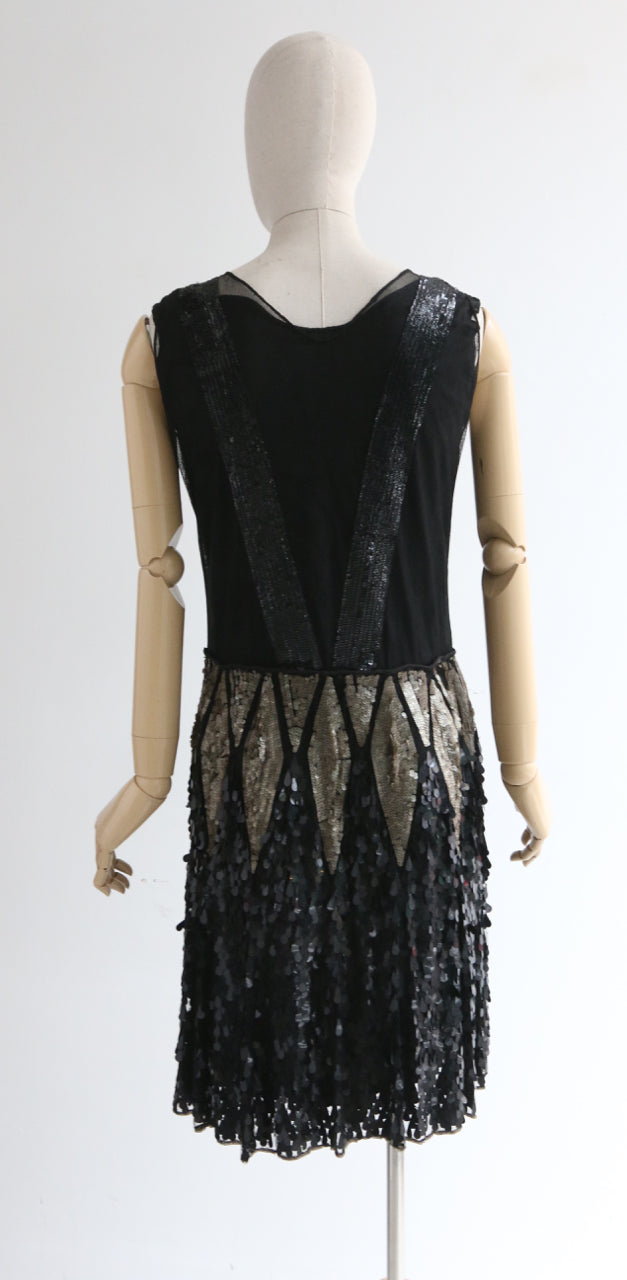 "Teardrop Sequins" Vintage 1920's Gold & Black Tulle & Sequin Dress UK 8-10 US 4-6