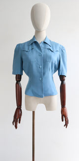 "Blue Horizons" Vintage 1940's Blue Cotton Blouse UK 10 US 6