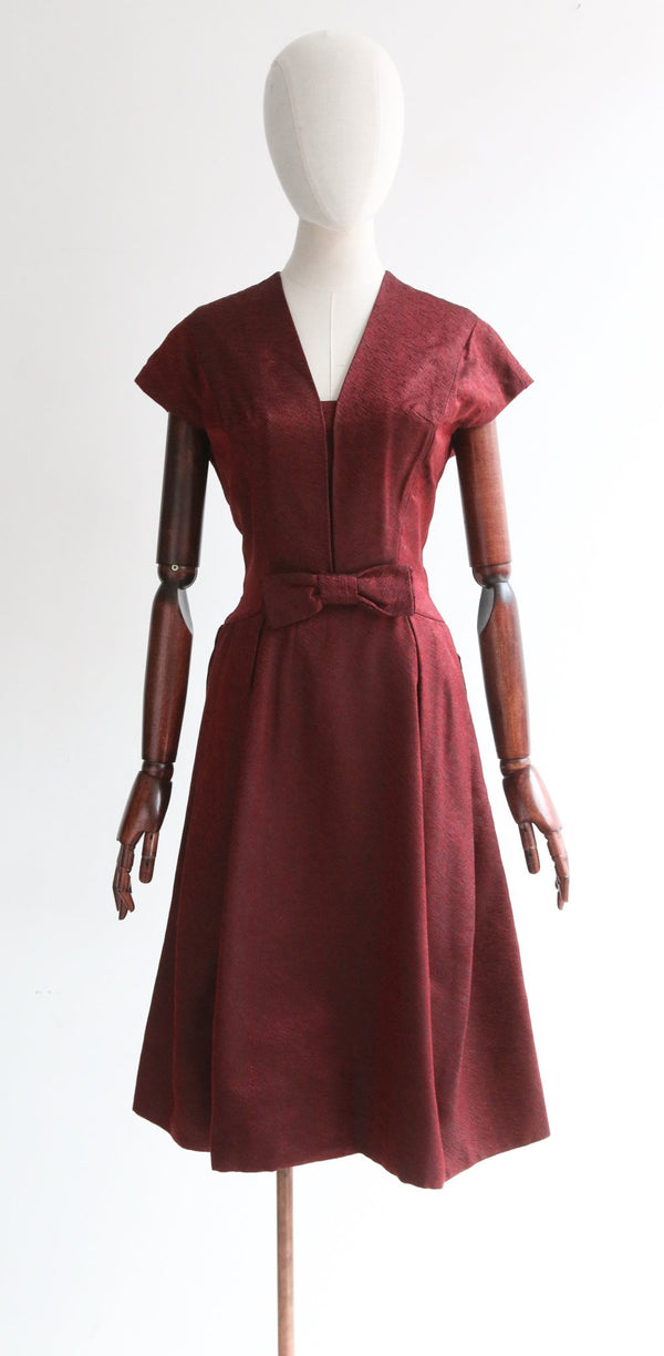 "Deep Red" Vintage 1950's Deep Red Brocade Dress UK 8 US 4