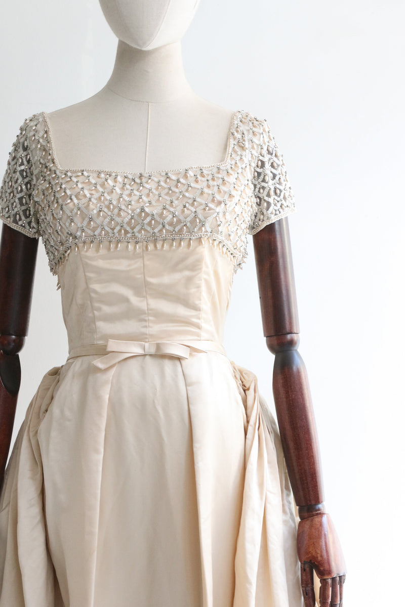"Duchess Satin Pleats" Vintage 1950's Neymar Couture Satin & Beaded Gown UK 4 US 0