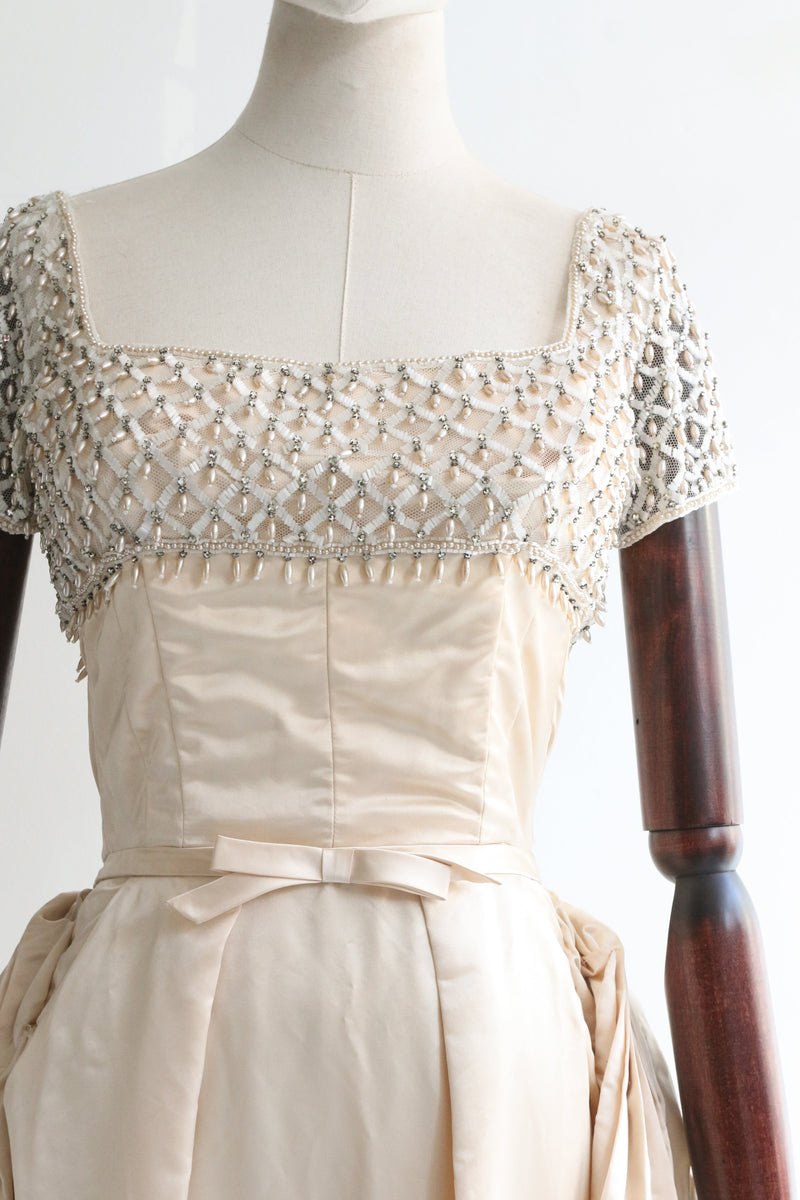 "Duchess Satin Pleats" Vintage 1950's Neymar Couture Satin & Beaded Gown UK 4 US 0