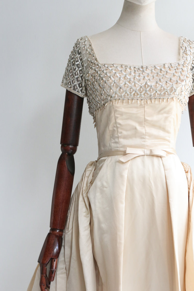 "Duchess Satin Pleats" Vintage 1950's Neymar Couture Satin & Beaded Gown UK 4 US 0