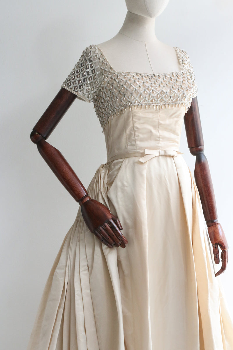 "Duchess Satin Pleats" Vintage 1950's Neymar Couture Satin & Beaded Gown UK 4 US 0