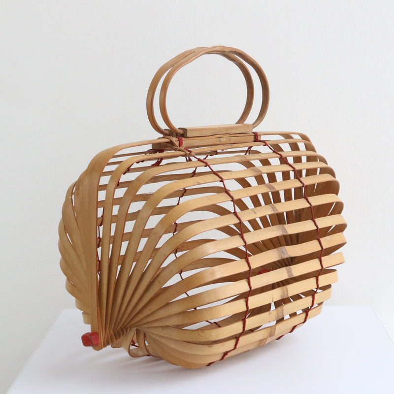 "Bamboo Basket Bag" Vintage 1940's Collapsible Bamboo Basket Bag