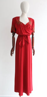 "Red Crepe & Sequins" Vintage 1940's IIOII Red Crepe Silk & Sequin Gown UK 12 US 8