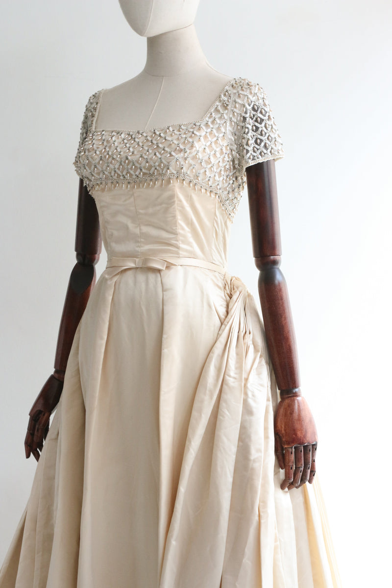 "Duchess Satin Pleats" Vintage 1950's Neymar Couture Satin & Beaded Gown UK 4 US 0