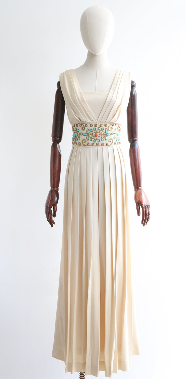 "Turquoise & Coral" Vintage 1960's Cream & Soutache Dress UK 14 US 10