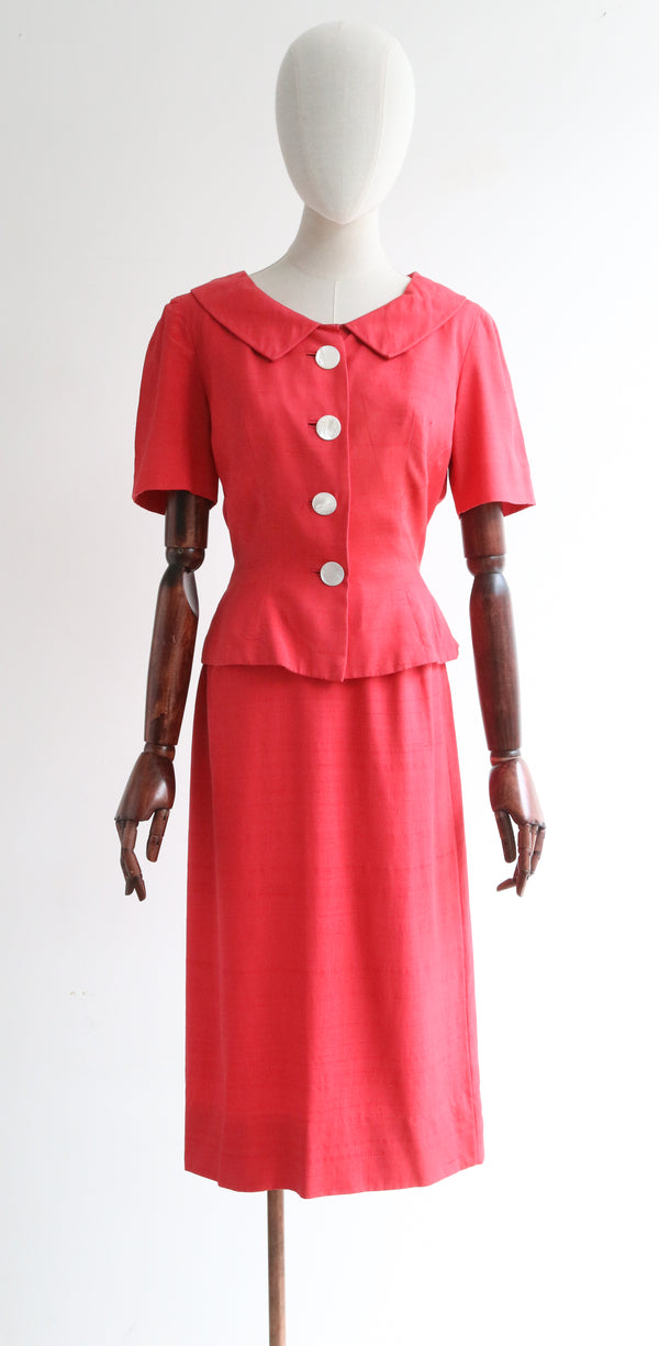 "Coral Summer" Vintage 1950's Silk Coral Skirt Suit UK 6-8 US 2-4