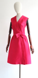 "Pink Silk Bow" Vintage 1960's Pink Silk Cross-Over Dress UK 10-12 US 6-8