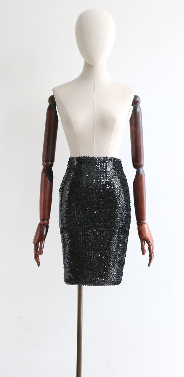 "Midnight Sequins" Vintage 1960's Black Sequin Embellished Wool Skirt UK 6-10 US 2-6