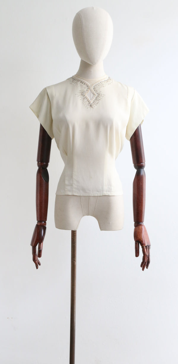 "Silk Embellishments" Vintage 1940's Cream Silk Embellished Blouse UK 12 US 8