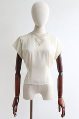 "Silk Embellishments" Vintage 1940's Cream Silk Embellished Blouse UK 12 US 8