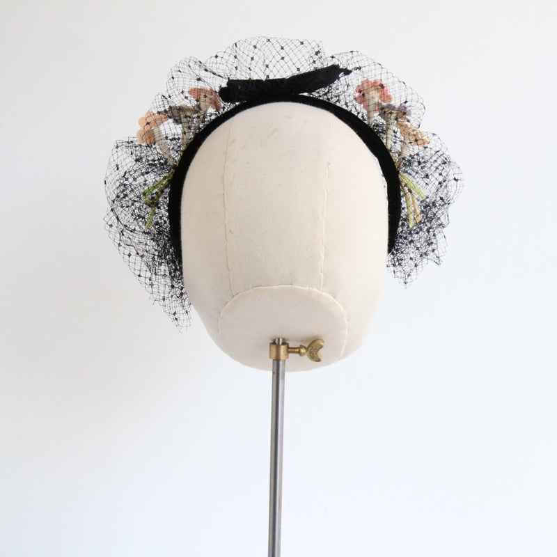 "Velvet Millinery Flowers" Vintage 1950's Floral Black Velvet & Net Headband