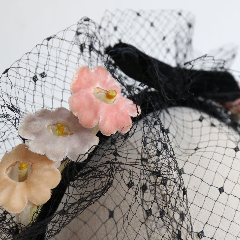 "Velvet Millinery Flowers" Vintage 1950's Floral Black Velvet & Net Headband