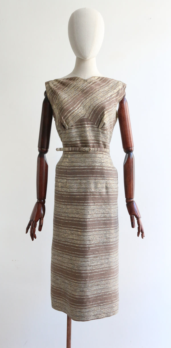 "Lurex Stripes" Vintage Late 1950's Silk Gold Striped Dress UK 12 US 8