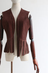 "Chocolate Suede" Vintage 1970's Brown Suede Fringed Waistcoat UK 8-12 US 4-8