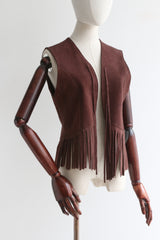 "Chocolate Suede" Vintage 1970's Brown Suede Fringed Waistcoat UK 8-12 US 4-8
