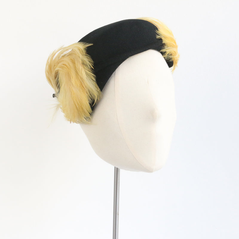 "Yellow Feathers & Felt" Vintage 1940's Black Felt & Feather Hat