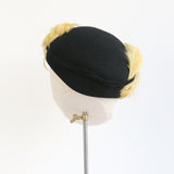 "Yellow Feathers & Felt" Vintage 1940's Black Felt & Feather Hat