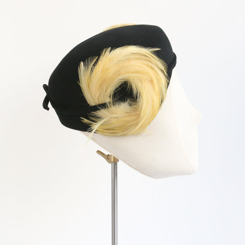 "Yellow Feathers & Felt" Vintage 1940's Black Felt & Feather Hat