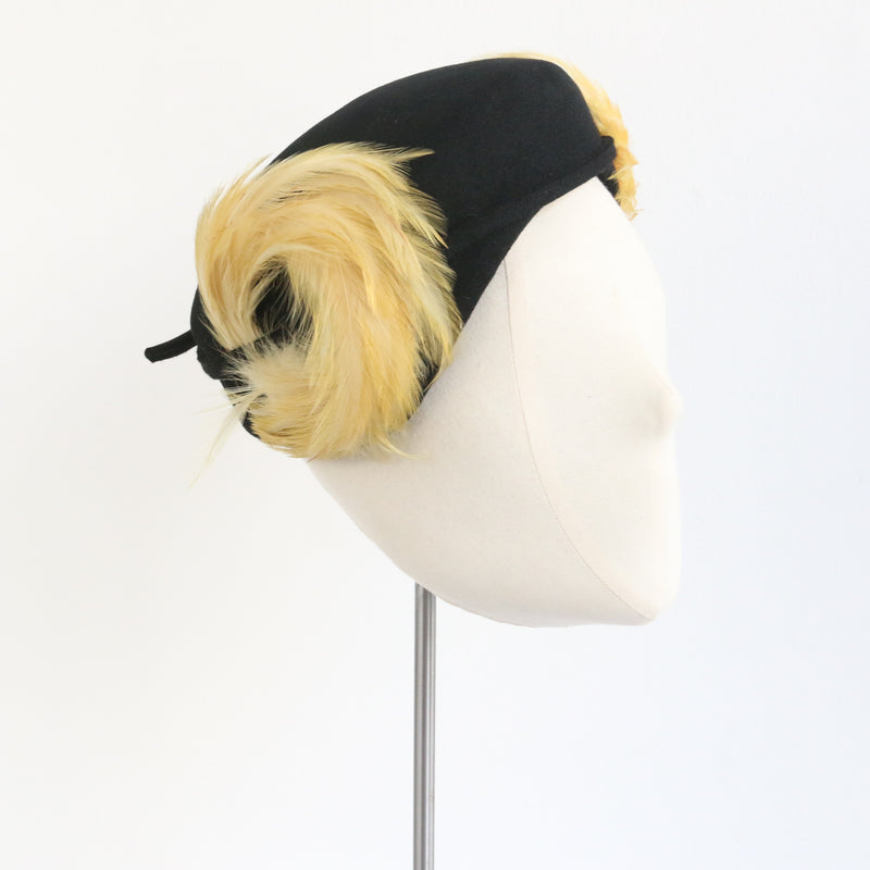 "Yellow Feathers & Felt" Vintage 1940's Black Felt & Feather Hat