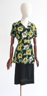 "Chartreuse Peplum" Vintage 1940's Silk Peplum Dress UK 8 US 4