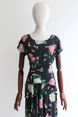 "Doves & Roses" Vintage 1940's Silk Dove & Rose Print Dress UK 8 US 4