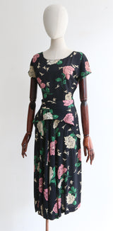 "Doves & Roses" Vintage 1940's Silk Dove & Rose Print Dress UK 8 US 4