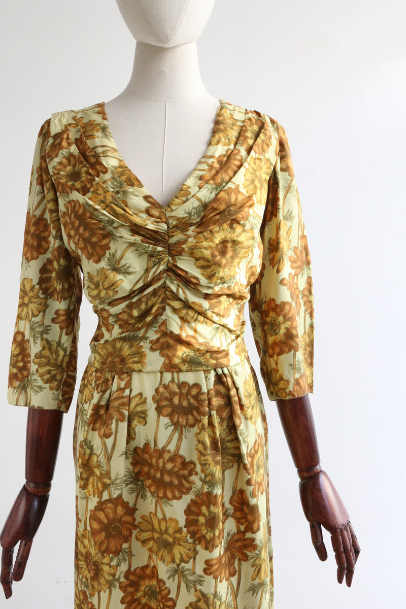 "Autumn Florals" Vintage 1950's Silk Floral Autumnal Dress UK 10 US 6