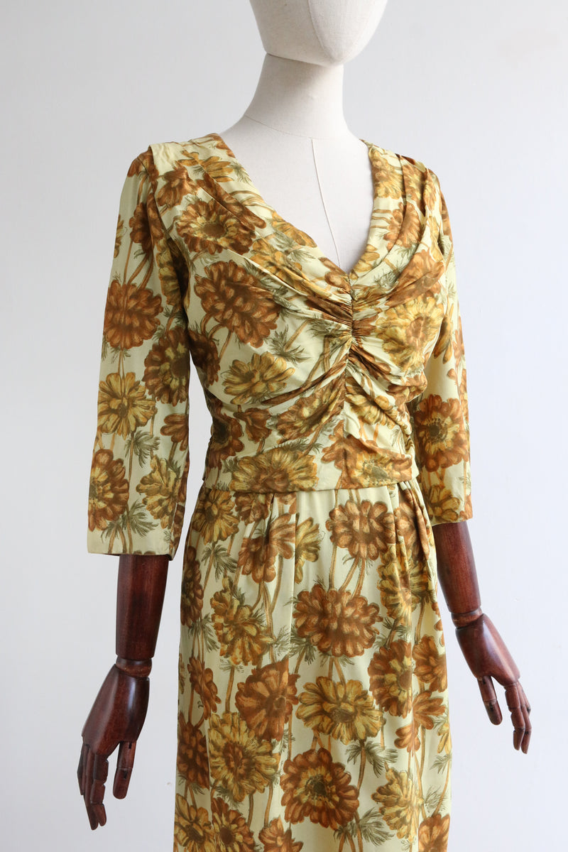 "Autumn Florals" Vintage 1950's Silk Floral Autumnal Dress UK 10 US 6