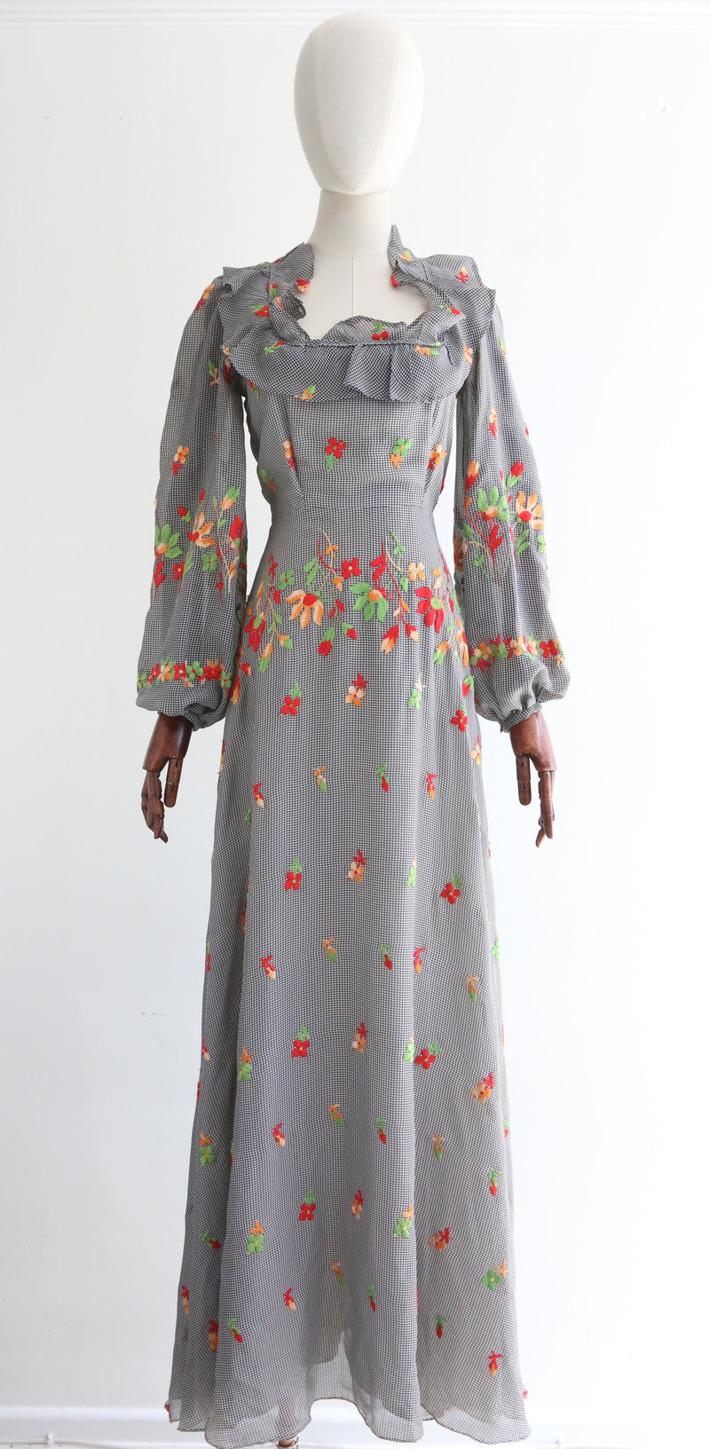 "Embroidered Gingham" Vintage 1970's Floral Embroidered Dress UK 8 US 4