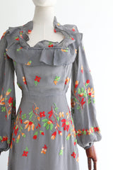 "Embroidered Gingham" Vintage 1970's Floral Embroidered Dress UK 8 US 4