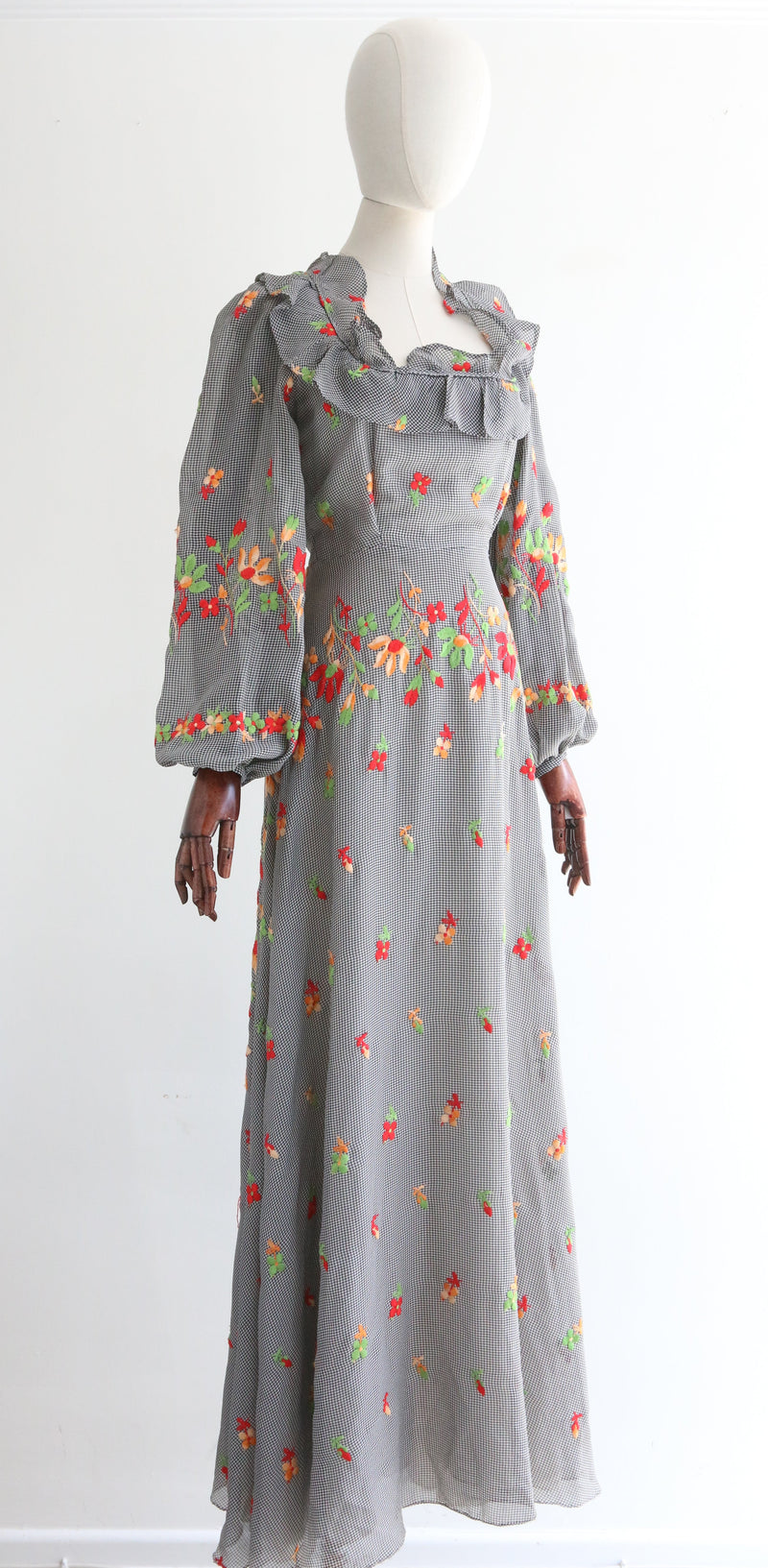 "Embroidered Gingham" Vintage 1970's Floral Embroidered Dress UK 8 US 4