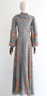 "Embroidered Gingham" Vintage 1970's Floral Embroidered Dress UK 8 US 4