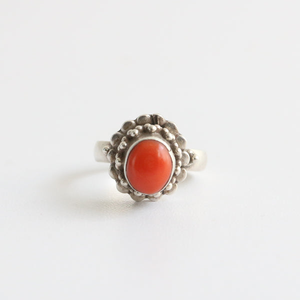 "Coral & Silver" Vintage 1970's Silver & Coral Ring UK P US 8