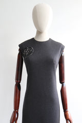 "Embellished Medallions" Vintage 1960's Charcoal Grey Embellished Medallion Dress UK 10-12 US 6-8