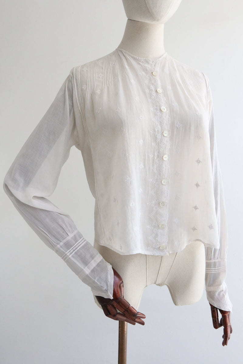 "Floral Lawn" Edwardian Embroidered Lawn Cotton Blouse UK 10-12 US 6-8