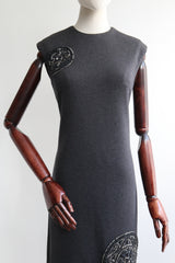 "Embellished Medallions" Vintage 1960's Charcoal Grey Embellished Medallion Dress UK 10-12 US 6-8