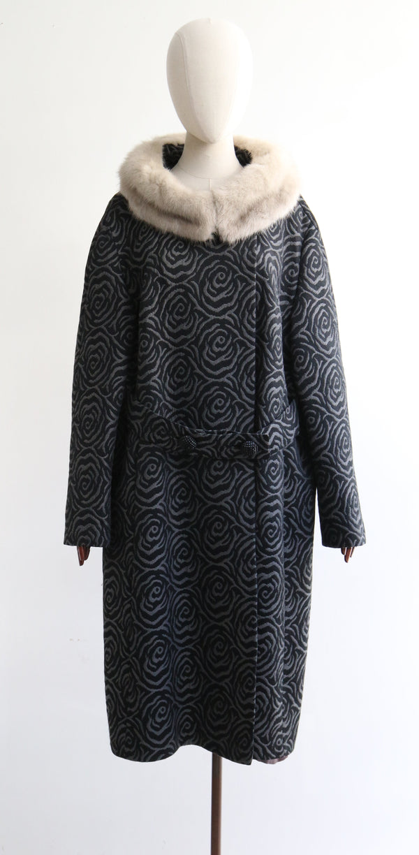 "Forever Roses" Vintage 1950's Grey & Black Rose Brocade Pattern Coat  UK 10-14 US 6-10