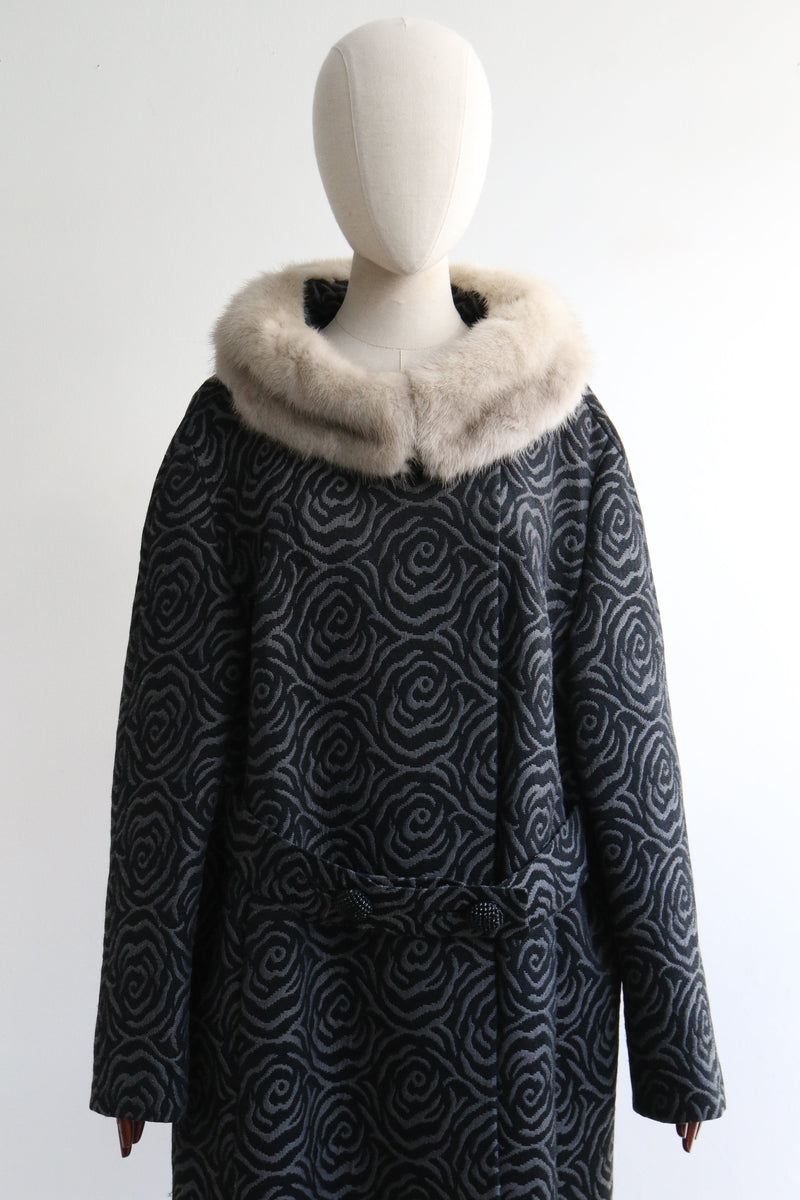 "Forever Roses" Vintage 1950's Grey & Black Rose Brocade Pattern Coat  UK 10-14 US 6-10