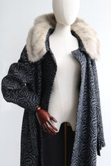"Forever Roses" Vintage 1950's Grey & Black Rose Brocade Pattern Coat  UK 10-14 US 6-10