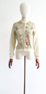 "Embroidered Leaves & Floral Appliqués" Vintage 1950's Lambswool Embellished Cardigan UK 12 US 8