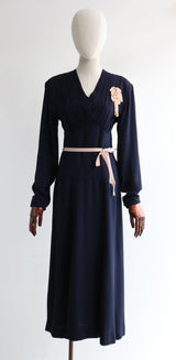 "Pleated Navy Silk" Vintage 1940's Navy Blue Silk Pleated Dress UK 12-14 US 8-10