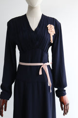 "Pleated Navy Silk" Vintage 1940's Navy Blue Silk Pleated Dress UK 12-14 US 8-10