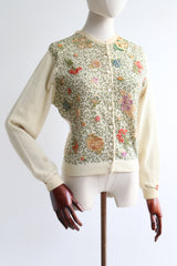 "Embroidered Leaves & Floral Appliqués" Vintage 1950's Lambswool Embellished Cardigan UK 12 US 8
